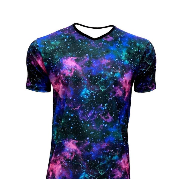 Men's Purple Blue Galaxy Space Universe Planets Stars Unique Alternative Printed V-Neck T-shirt Top Tee