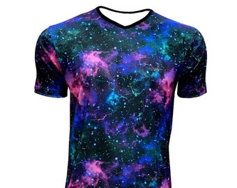 Men's Purple Blue Galaxy Space Universe Planets Stars Unique Alternative Printed V-Neck T-shirt Top Tee
