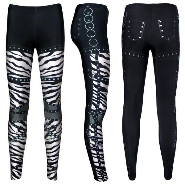 Zebra Monochrome Rock Metal Chain Skater Pants Effect Block Printed Leggings