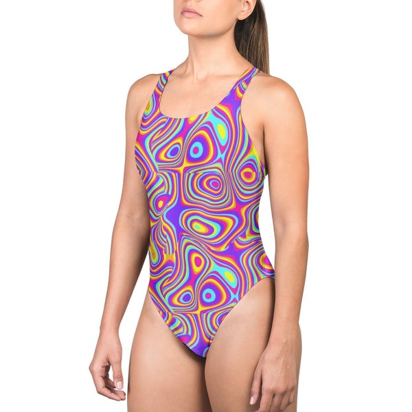 Psychedelic Holographic Galaxy Marble Swirls Geometric Groovy Print Swimsuit Swimwear Bodysuit Bathing Suit