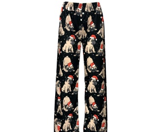 Women's Cute Christmas Gift Santa Hat Pug Puppies Pattern Pets Lover Nightwear Sleepwear Pyjama Bottoms