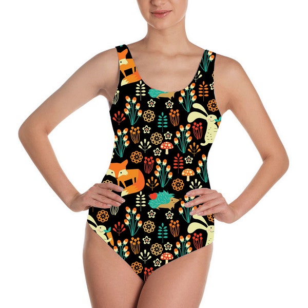 Fox, Rabbit And Hedgehog Animal Nature Alternative Printed Swimsuit Bodysuit Bathing Suit Leotard Alternative Swimwear