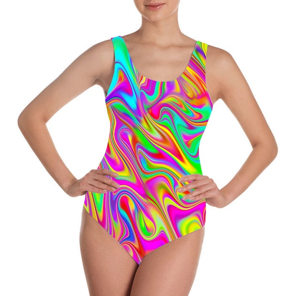 Psychedelic Brightful Colorful Marble Swirls Geometric Pattern Stretch Spandex Swimsuit Swimwear Bodysuit Bathing Suit