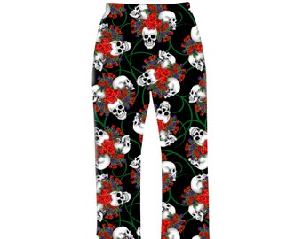 Gothic Skull Roses Floral Print On Black Background Loungewear Sleepwear Pyjama Bottoms Pants Goth Punk Emo