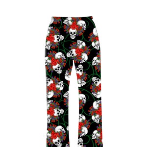 Gothic Skull Roses Floral Print On Black Background Loungewear Sleepwear Pyjama Bottoms Pants Goth Punk Emo