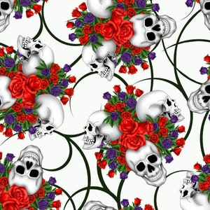 White Skulls Floral Purple Red Roses Goth Print Stretch Spandex Fabric Stunning Dressmaking Alternative Tops Leggings