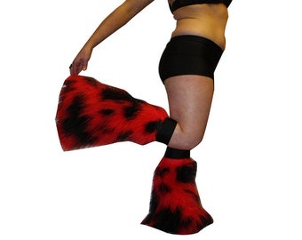 Neon UV Camo 2 Tones Red And Black Fluffy Furry Fluffies Long Pile Fur Legwarmers Boot Covers Rave Party Festival Clubwear Dancewear
