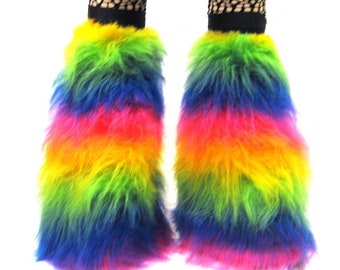 Neon UV Multi Rainbow Fluffy Furry Fluffies Long Pile Fur Legwarmers Boot Covers Rave Party Festival Clubwear