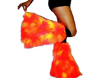 Neon UV Camo 3 Tones Orange Pink Yellow Fluffy Furry Fluffies Long Pile Fur Legwarmers Boot Covers Rave Party Festival Clubwear Dancewear