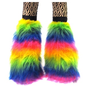 Neon UV Multi Rainbow Fluffy Furry Fluffies Long Pile Fur Legwarmers Boot Covers Rave Party Festival Clubwear