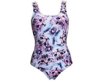 Cute Kitty Cat With Paw Glasses Bow Kitten Animal Lovers Alternative Printed Swimsuit Bodysuit