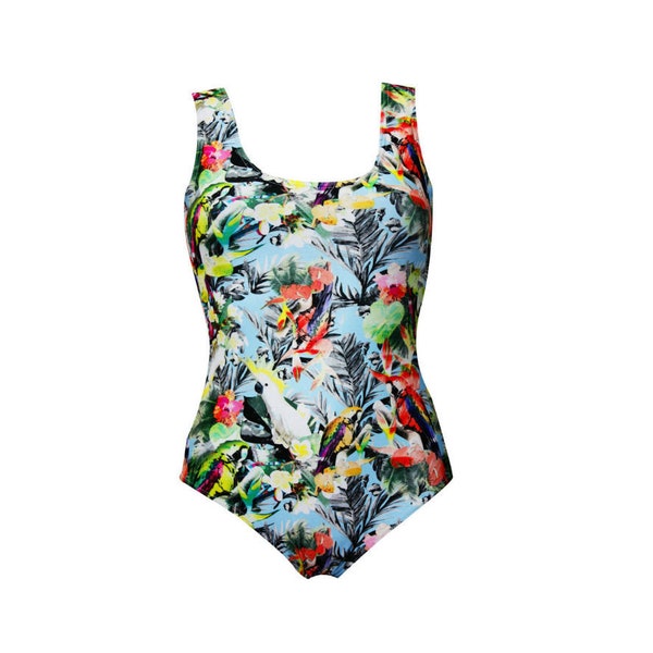 Tropical Bird Hawaiian Print One Piece Swimsuite