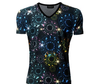 Men/'s Astrology Horoscope Star Signs Zodiac Symbols Printed V-Neck T-Shirt Top