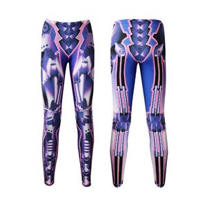 Purple Metallic Cyber Robotic Machine Parts Armour Plated Spring Pistons Alternative Printed Leggings