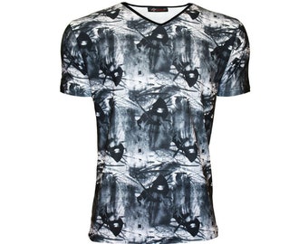 Men/'s Gothic All Over Grim Reaper Skull Bats Crow Trees Print V Neck T-Shirt Top