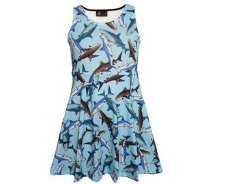 Girls Cute Sharks Sealife Animal Print Sleeveless Skater Dress