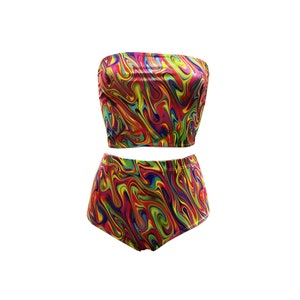 Psychedelic Brightful Marble Swirls Geometric Pattern Crop Bandeau High Waist Bikini Pants Coord Set Rave Outfit