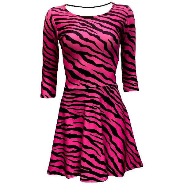 Pink Zebra Animal Skin Print 3/4 Sleeve Skater Dress