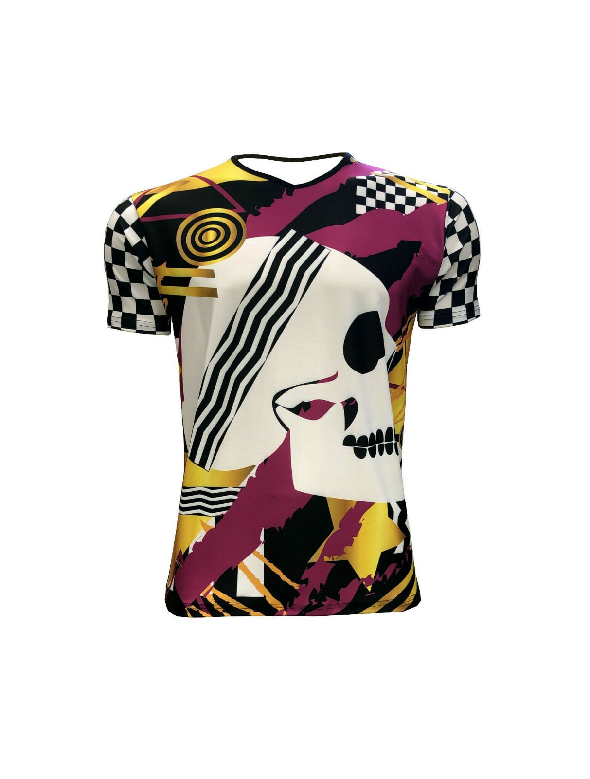 Image of Men's V-Neck Abstract Skull Chequer Designer T-Shirt Punk Goth