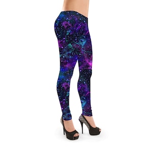 Galaxy Purple Women Leggings, Yoga Outer Space Print Pants Cosmic