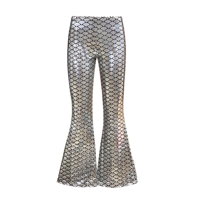Metallic Shiny Silver Gold Dark Green Red Foil Mermaid Fish Scale Flare Bell Bottom Flared Leggings Rave Party Clubwear image 2