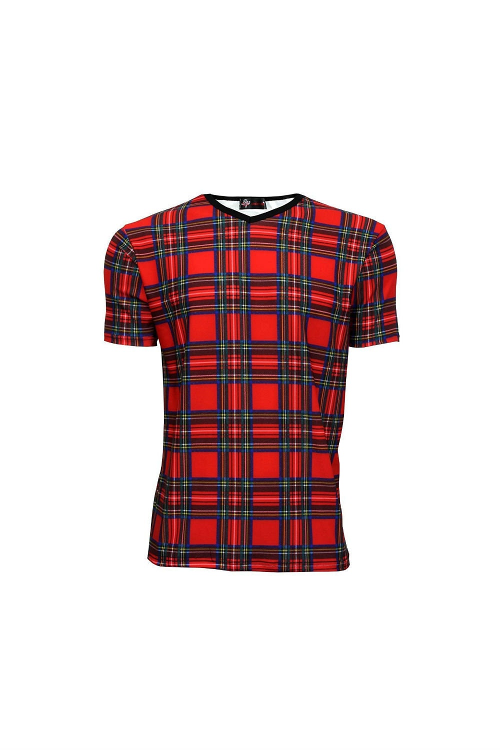 Image of Men's Red Tartan Check Alternative Printed V-Neck T-Shirt
