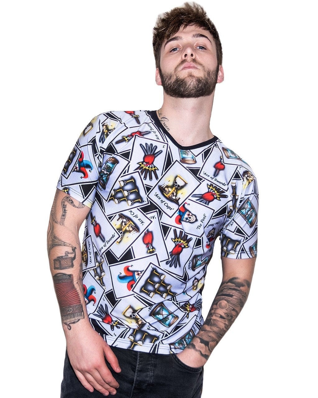 Image of Men's Tarot Card Fortune Teller Black Magic All Over Alternative Print Halloween V-Neck Tshirt