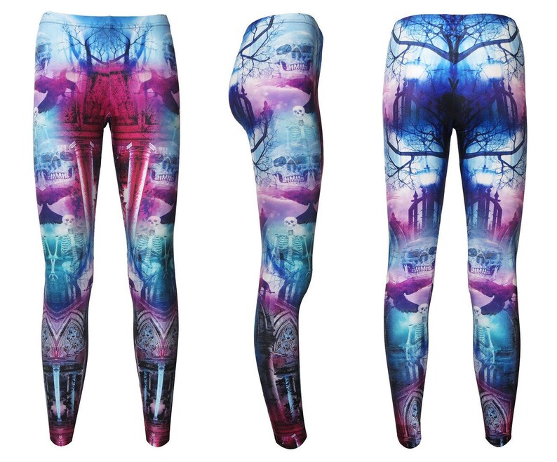 Skeletons Gothic Graveyard Spooky Tree Crow Ethereal Church Skulls Alternative Printed Leggings