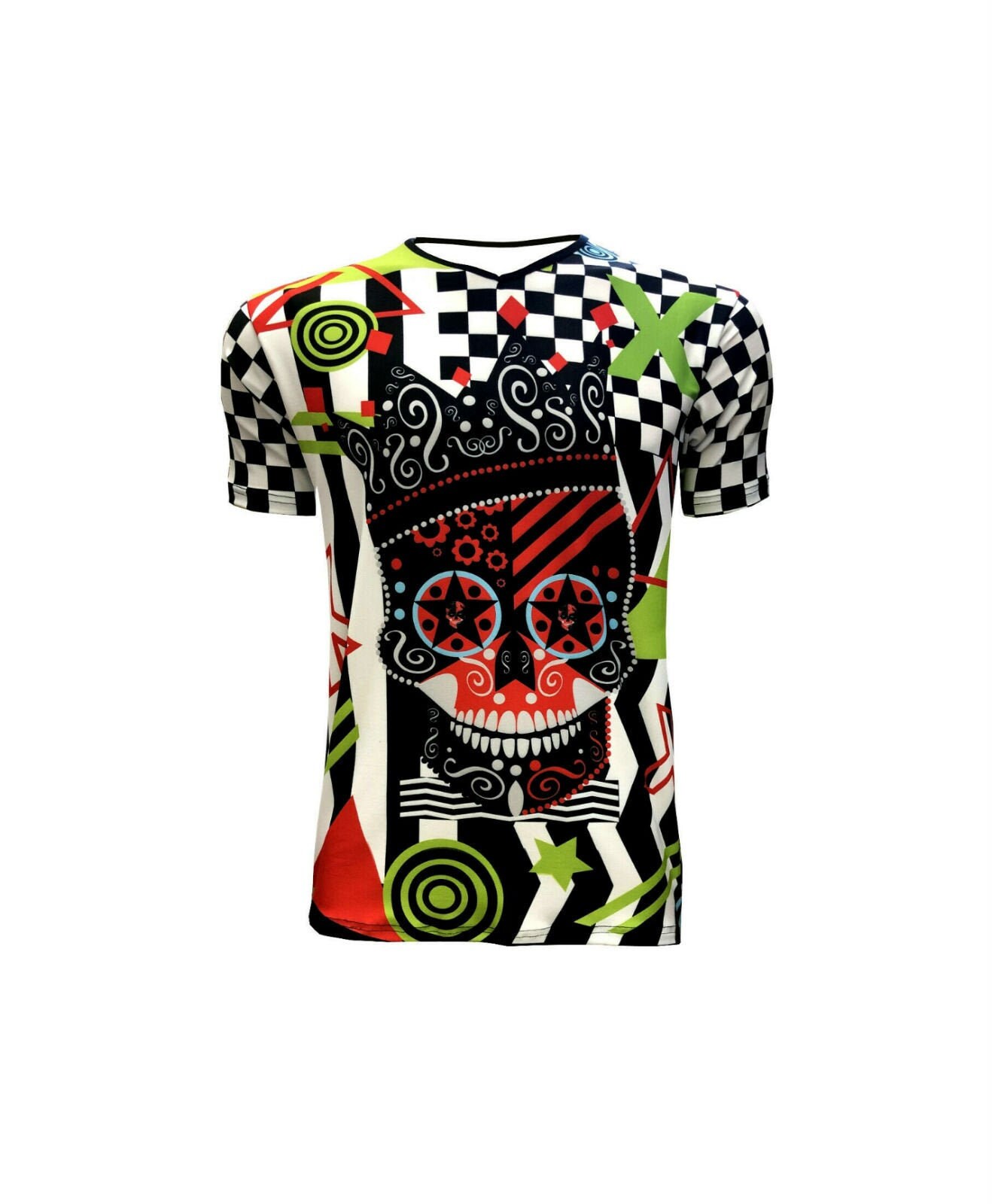 Image of Men's V-Neck King Crown Funky Colourful Skull Chequer Designer T-Shirt