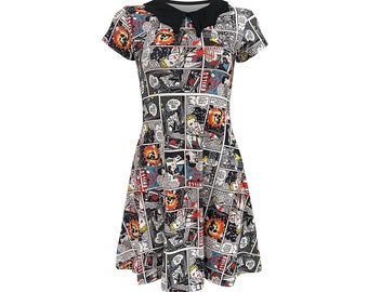 Comic Strip Book Skulls Classic Retro 50's Print Collar Dress Rockabilly