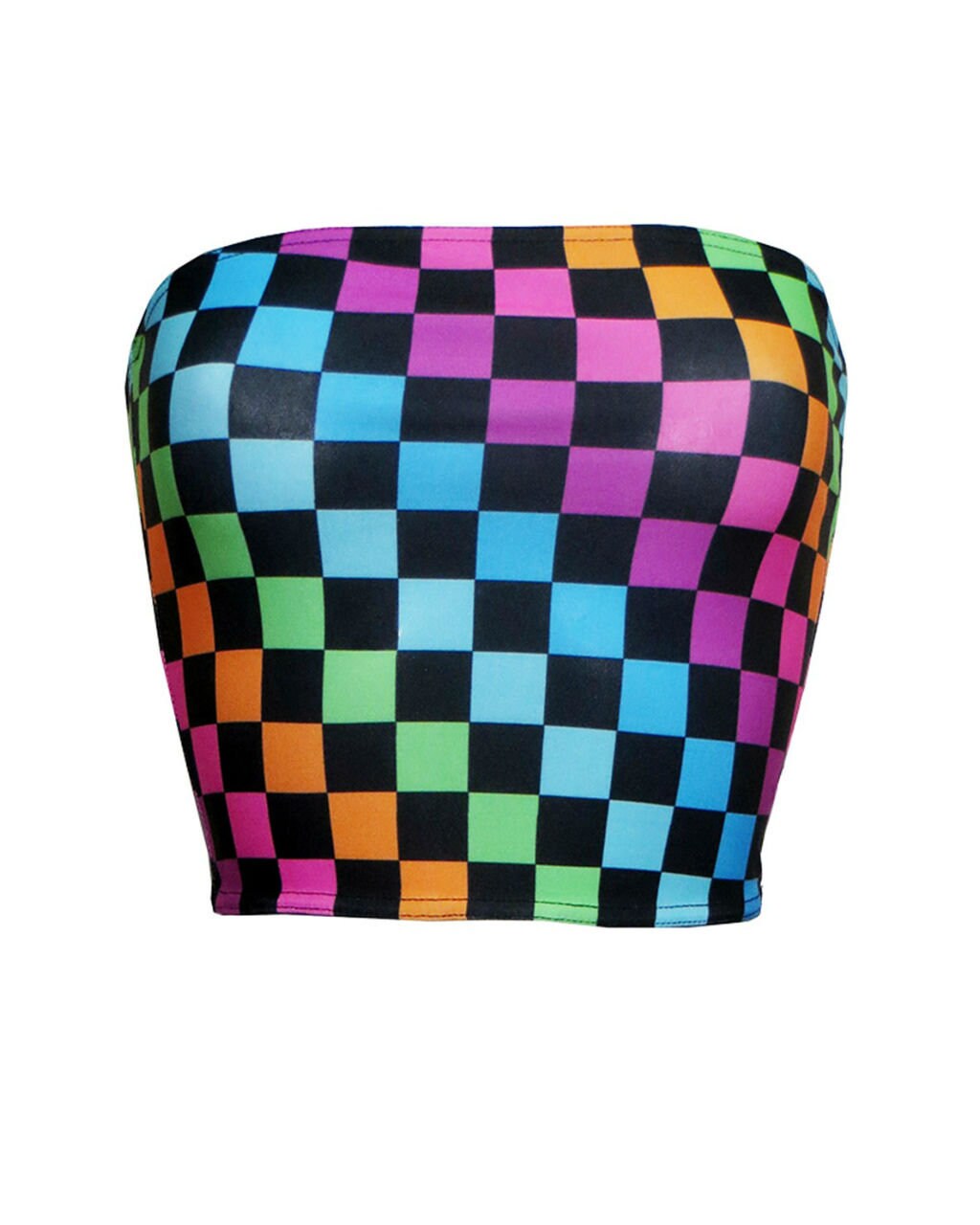 Image of Rainbow Checker Board Printed Multicolour Squares Crop Bandeau Top
