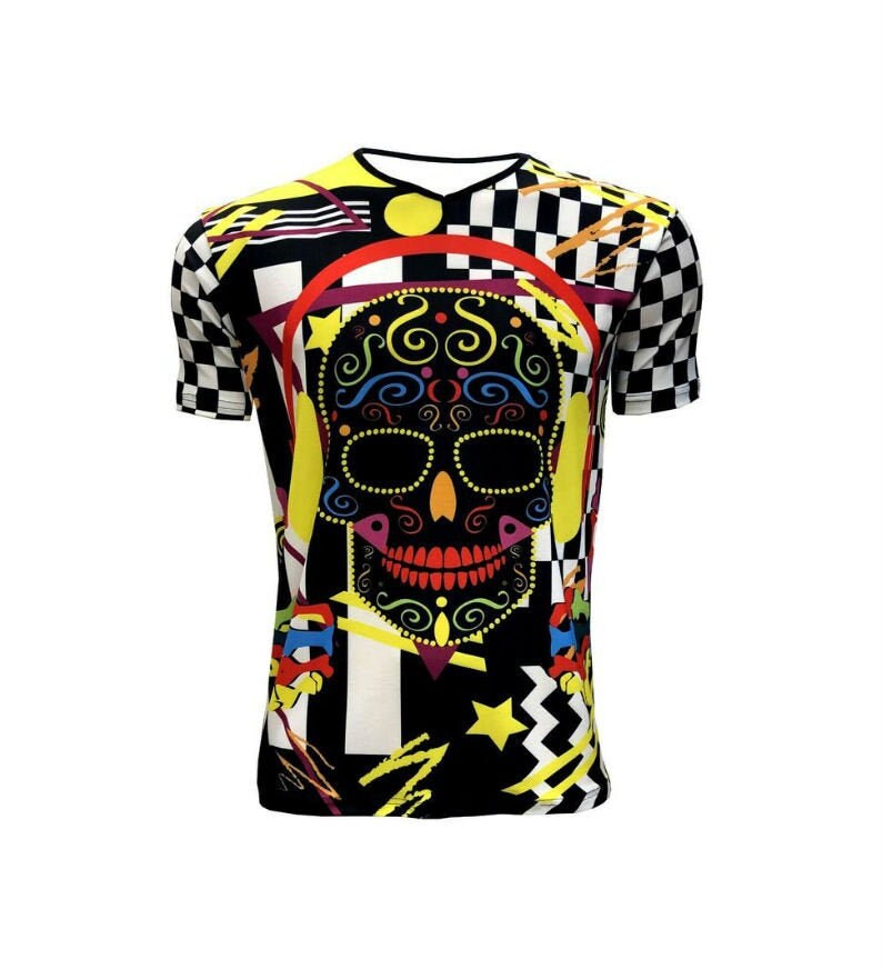 Image of Men's V-Neck Neon Funky Dj Pop Sugar Skull Chequer Colourful Designer T-Shirt