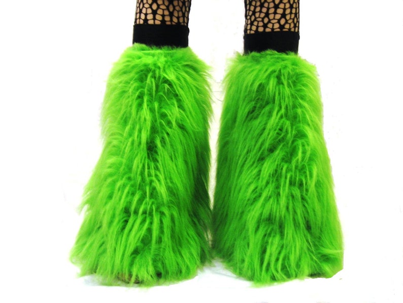 Neon UV Fluffy Furry Fluffies Long Pile Fur Legwarmers Boot Covers Rave Party Festival Clubwear image 6