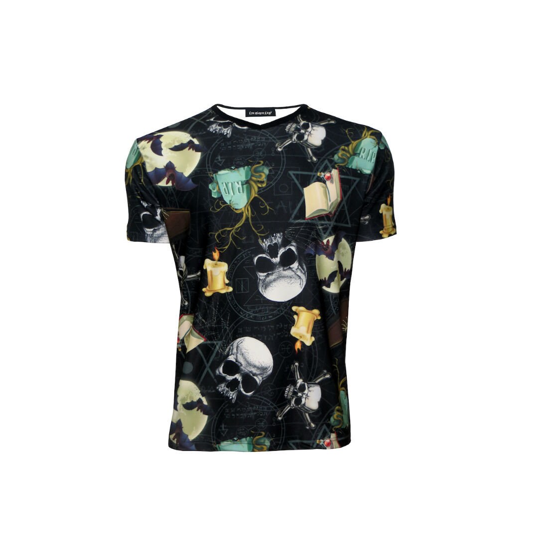 Image of Men's Skulls, Pentagram, Gothic Bats On The Moon Printed V-Neck Tshirt