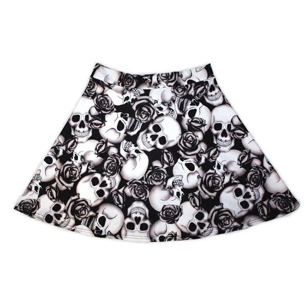 Black & White Roses Skull Tattoo Shaded Print Skater Skirt
