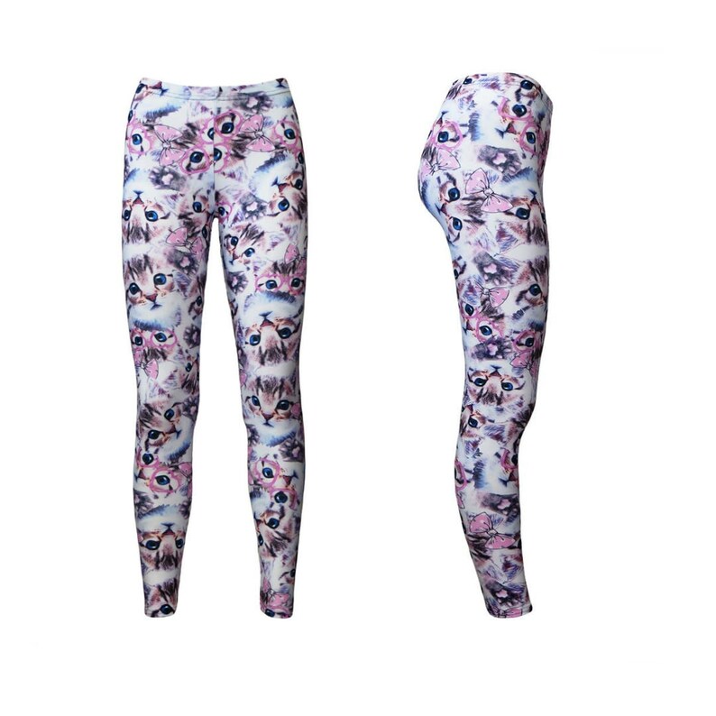 Cute Kitty Cat With Paw Glasses Bow Kitten Animal Lovers Alternative Printed Leggings