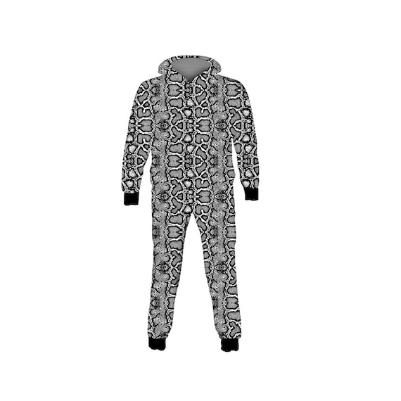 Unisex Monochrome Snake Python Skin Reptile Alternative Print Fleece Adult  Jumpsuit Onesie Romper One Size