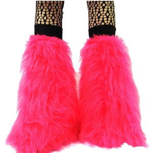 Néon UV pelucheux fourrure peluches longs poils de fourrure jambières couvre-bottes Rave Party Festival Clubwear Pink