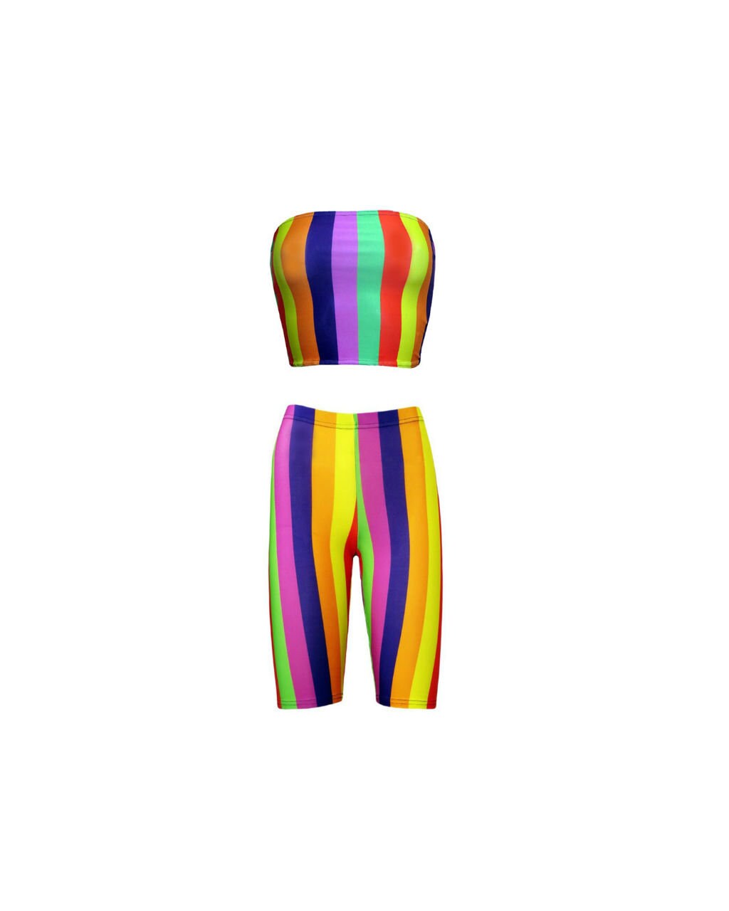 Image of Funky Multicoloured Rainbow Vertical Stripes Crop Bandeau Cycle Shorts Coord Set