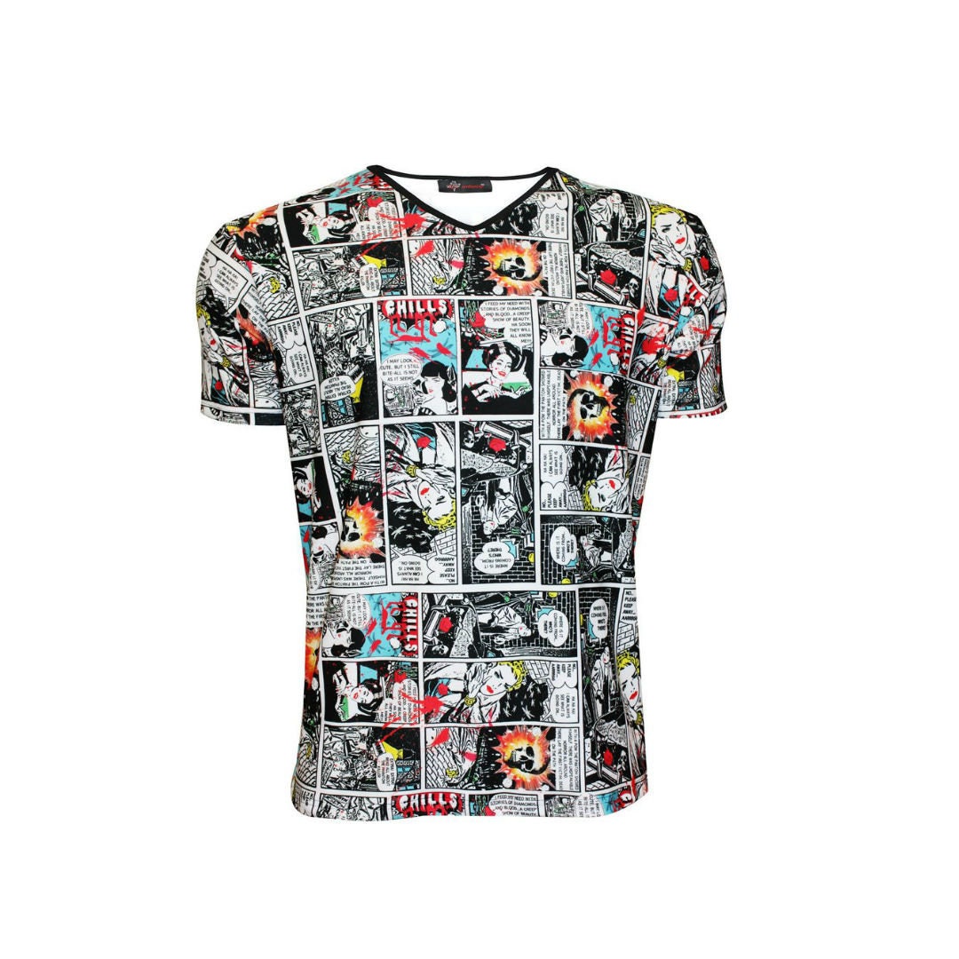 Image of Men's Comic Retro Pop Art Strip Book Classic Alternative Printed V-Neck T-Shirt Tee