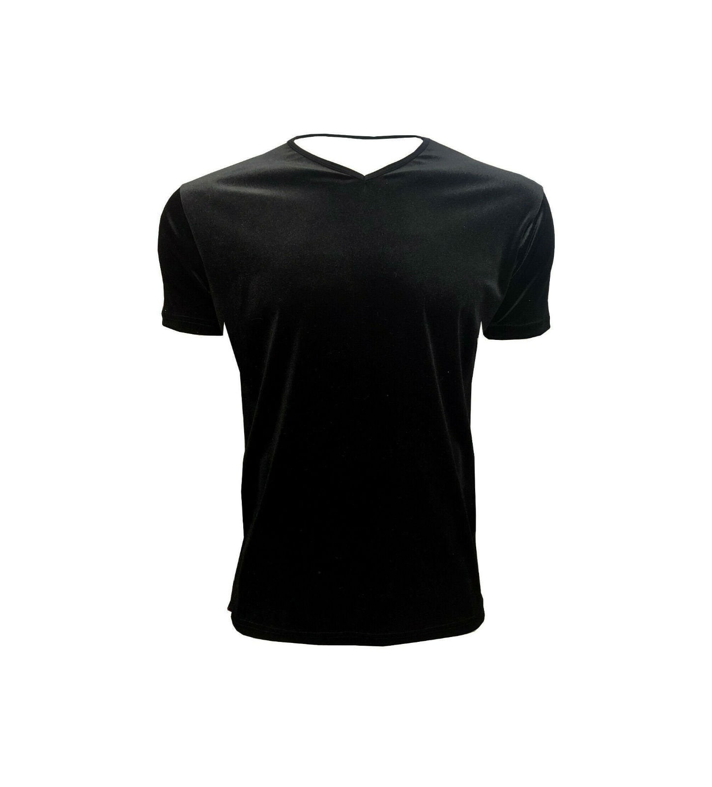 Image of Men's V-Neck Black Velvet Velour Soft Plush Designer T-Shirt