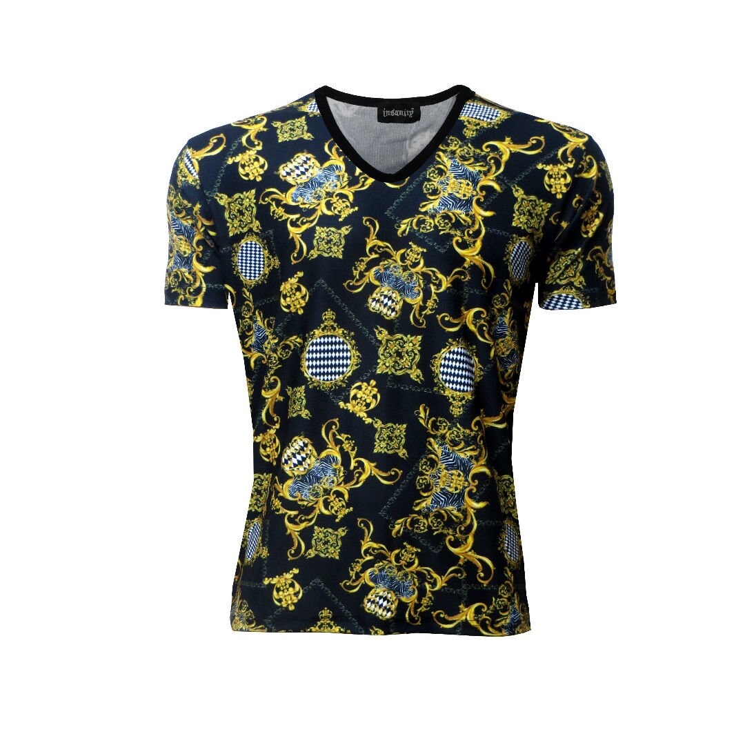 Image of Men's Luxury Royal Baroque Floral Damask Printed V-Neck T Shirt