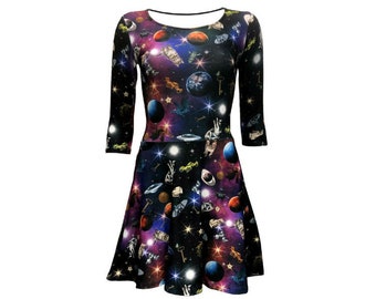 Travelling Through Space Galaxy Space Ship Planets Print 3/4 Sleeve Skater Dress