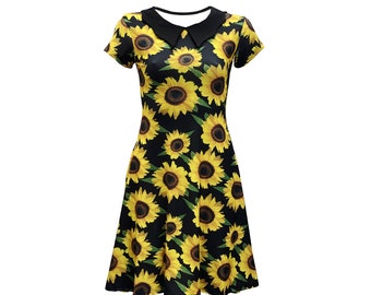 Impresionante vestido de cuello alternativo con estampado retro floral de girasoles de los años 50 y 60, tendencia de moda Rockabilly