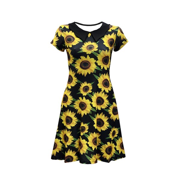 Atemberaubende Sonnenblumen Blumen 50er 60er Retro Print Alternative Kragen Kleid Rockabilly Mode Trend