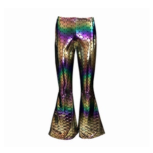 Metallic Shiny Foil Mermaid Fish Scale Flare Bell Bottom Flared Leggings Rave Party Clubwear