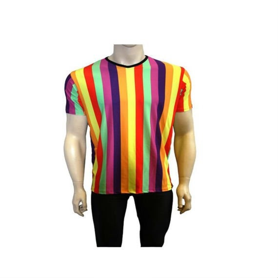 Image of Men's Funky Multicoloured Rainbow Vertical Stripes Printed V-Neck T Shirt