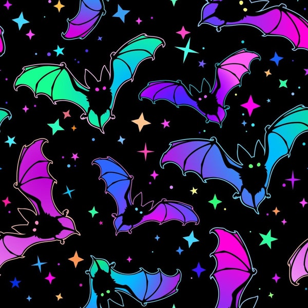 Galaxy Multi Colorful Bats Stars On Black Halloween Pattern Stretch Spandex Fabric Stunning Dressmaking Dancewear Leotards Leggings