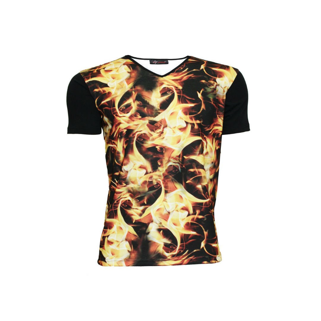 Image of Men's Flames Hot Fire Alternative Printed Unique V-Neck T-Shirt Tee