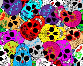 Day Of The Dead, Colorful Sugar Skulls Skull Floral Hallowen Print Stretch Spandex Fabric Stunning Dressmaking Alternative Tops Leggings